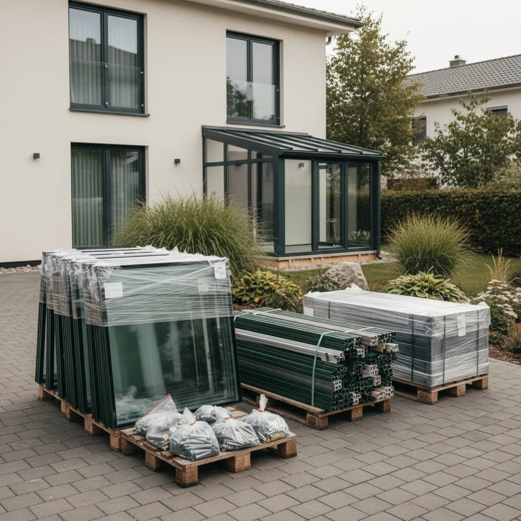 Wintergarten-Bausatz: sauber verpackte Aluminiumprofile und Glaselemente