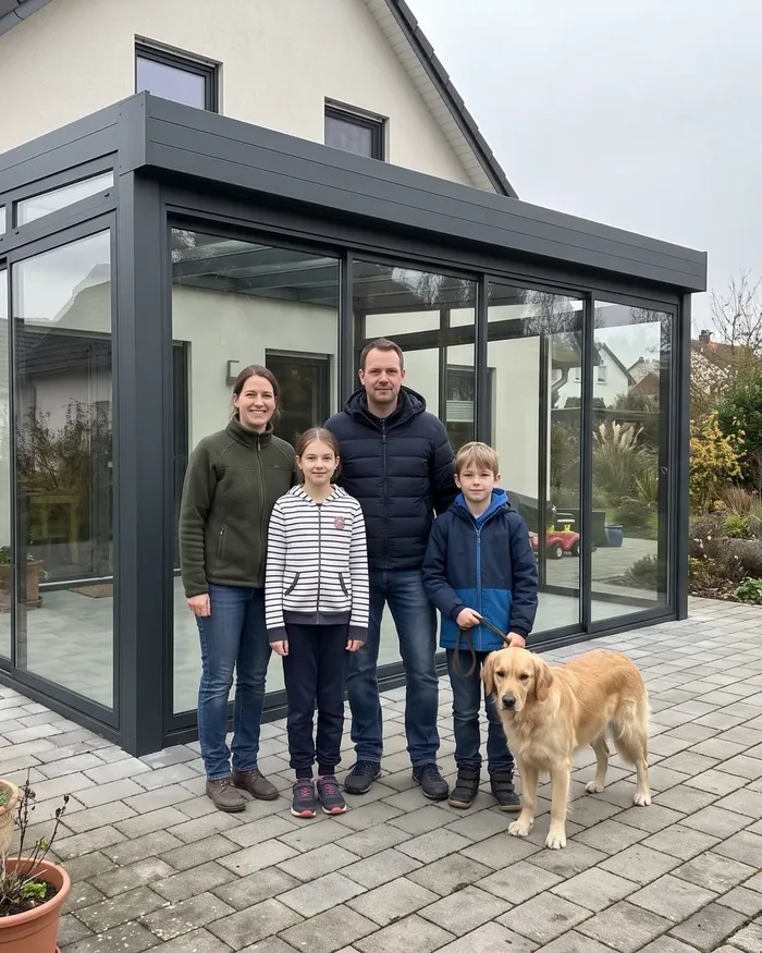 Familie Oechsler mit Hund Koko vor ihrem neuen Wintergarten aus Polen