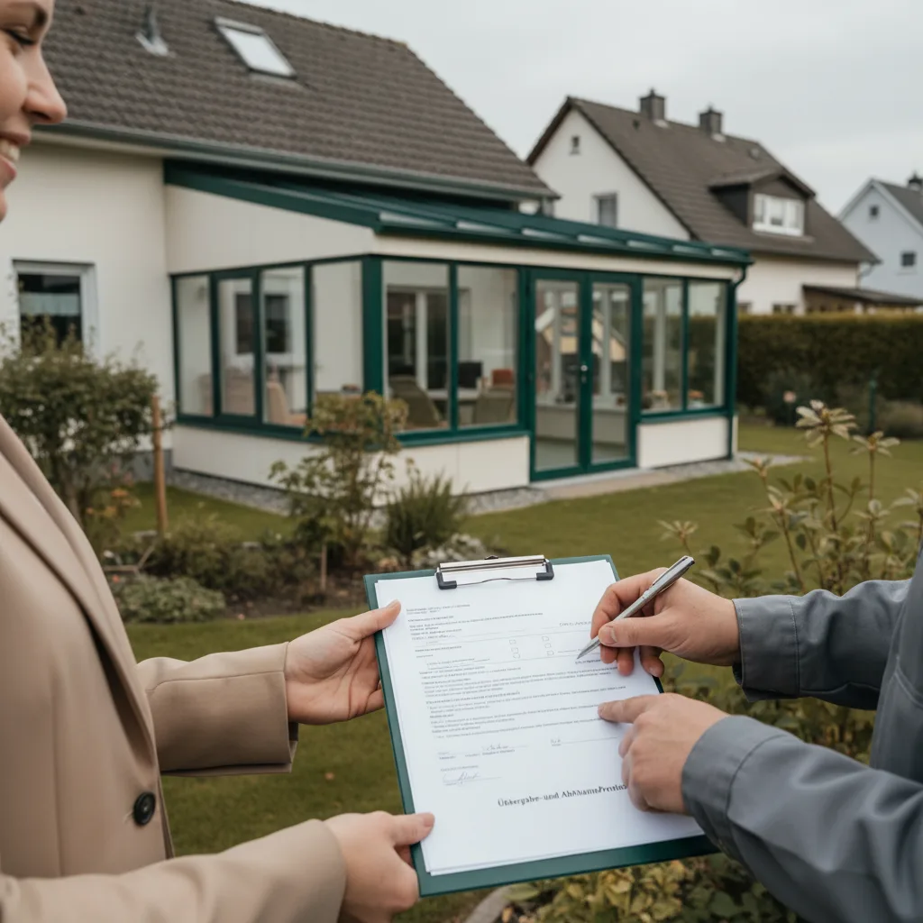 Unterschrift des Abnahmeprotokolls vor einem fertigen Wintergarten