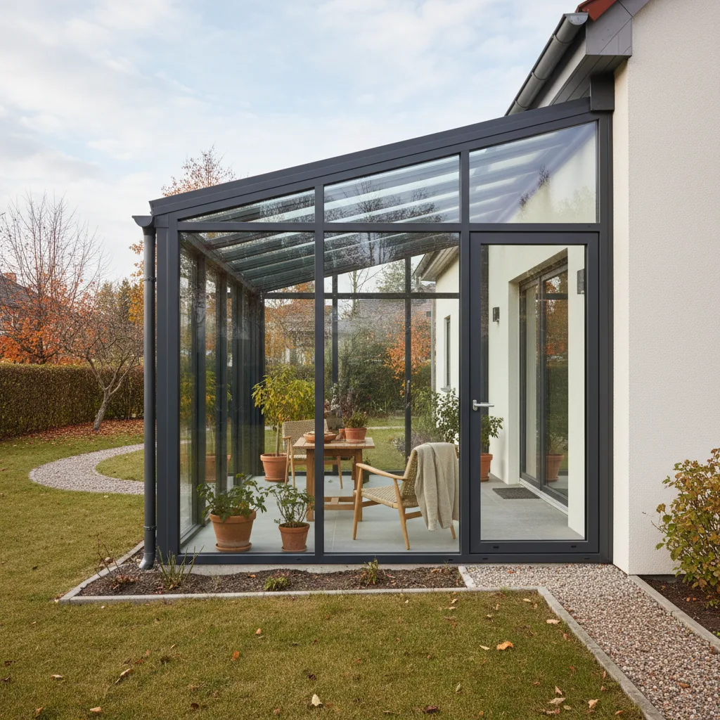 Kaltwintergarten aus Aluminium und Glas in der Übergangszeit
