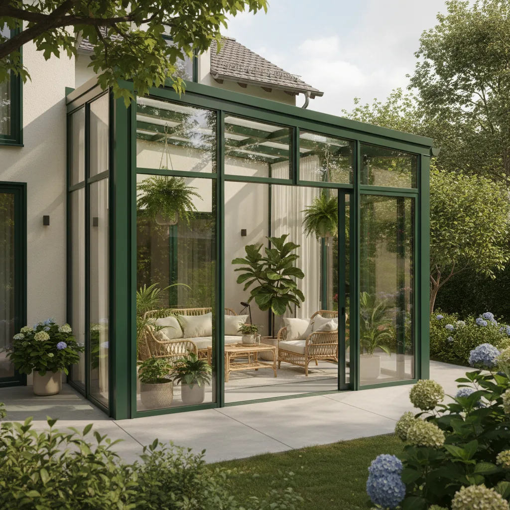 Sommergarten aus Aluminium und Glas mit Rattanmöbeln im Sommerlicht