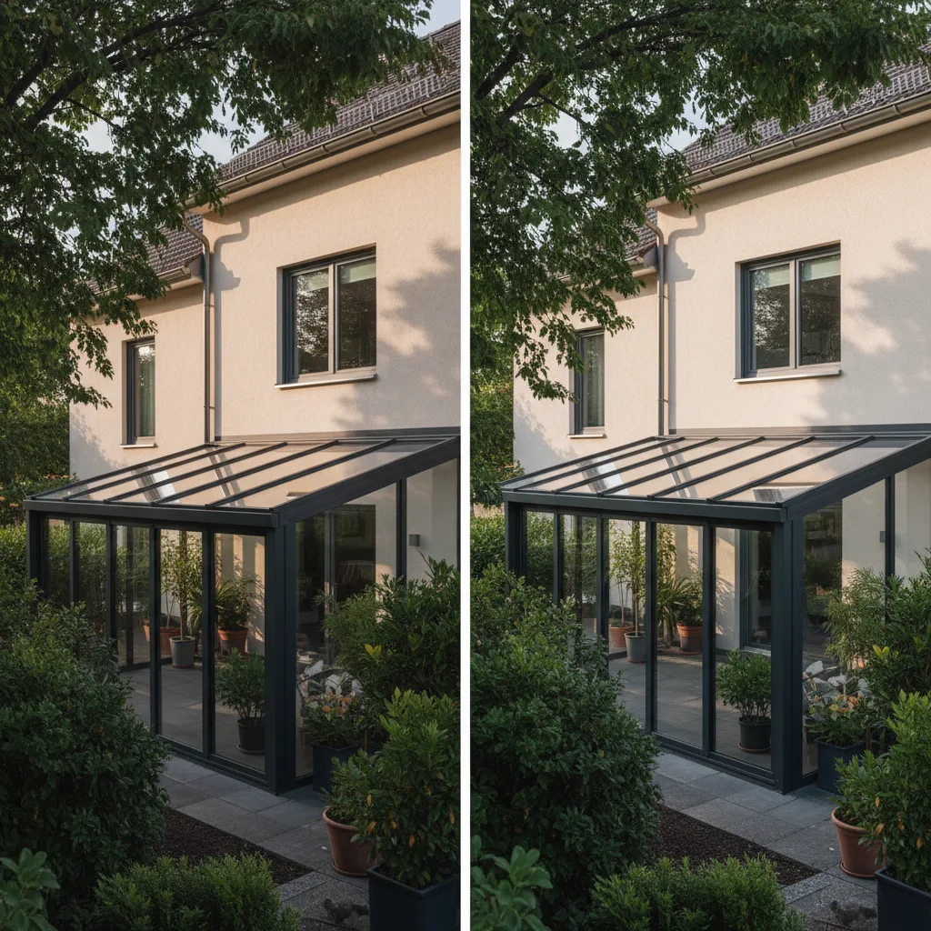Zwei baugleiche Terrassenüberdachungen im Vergleich