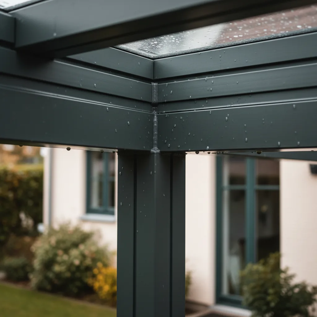 Nahaufnahme einer Aluminium-Terrassenüberdachung mit sauberer Profilverbindung
