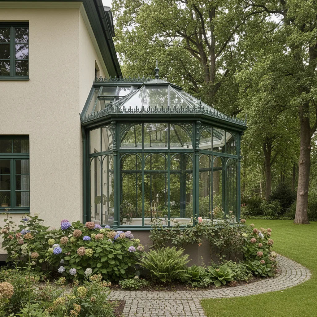 Viktorianischer Wintergarten mit polygonalem Glasdach und First-Ornament