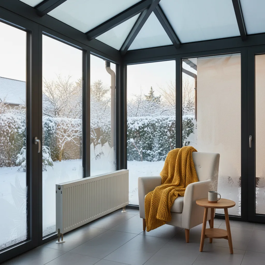Beheizter Wohnwintergarten mit Heizkörper im Winter