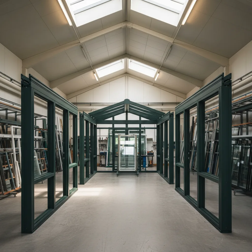 Fertigungshalle mit mehreren Wintergarten-Rahmen aus Aluminium in Serienproduktion