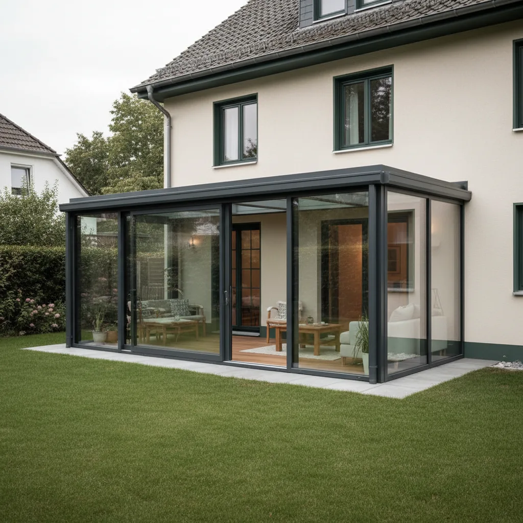 Wintergarten-Anbau aus Aluminium und Glas mit Pultdach an einem Einfamilienhaus